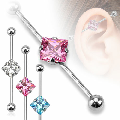 Square CZ 316L Surgical Steel Industrial Barbell Clear Stone Only - Picture 1 of 1