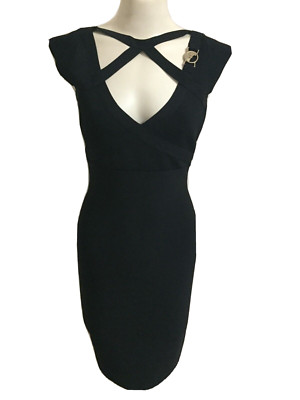 Versace Collection Black Dress Cross Body Con Ribbed Cocktail Gold Formal Gianni
