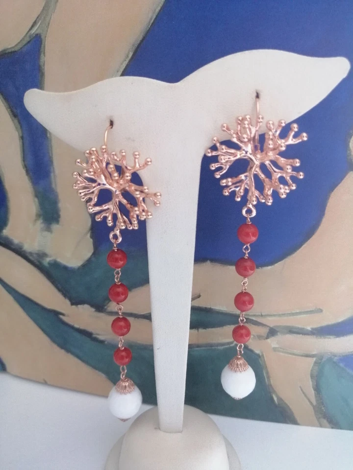 Orecchini Pendenti Donna Argento 925/bron pietre naturali Corallo agata bianca  - Immagine 4 di 4