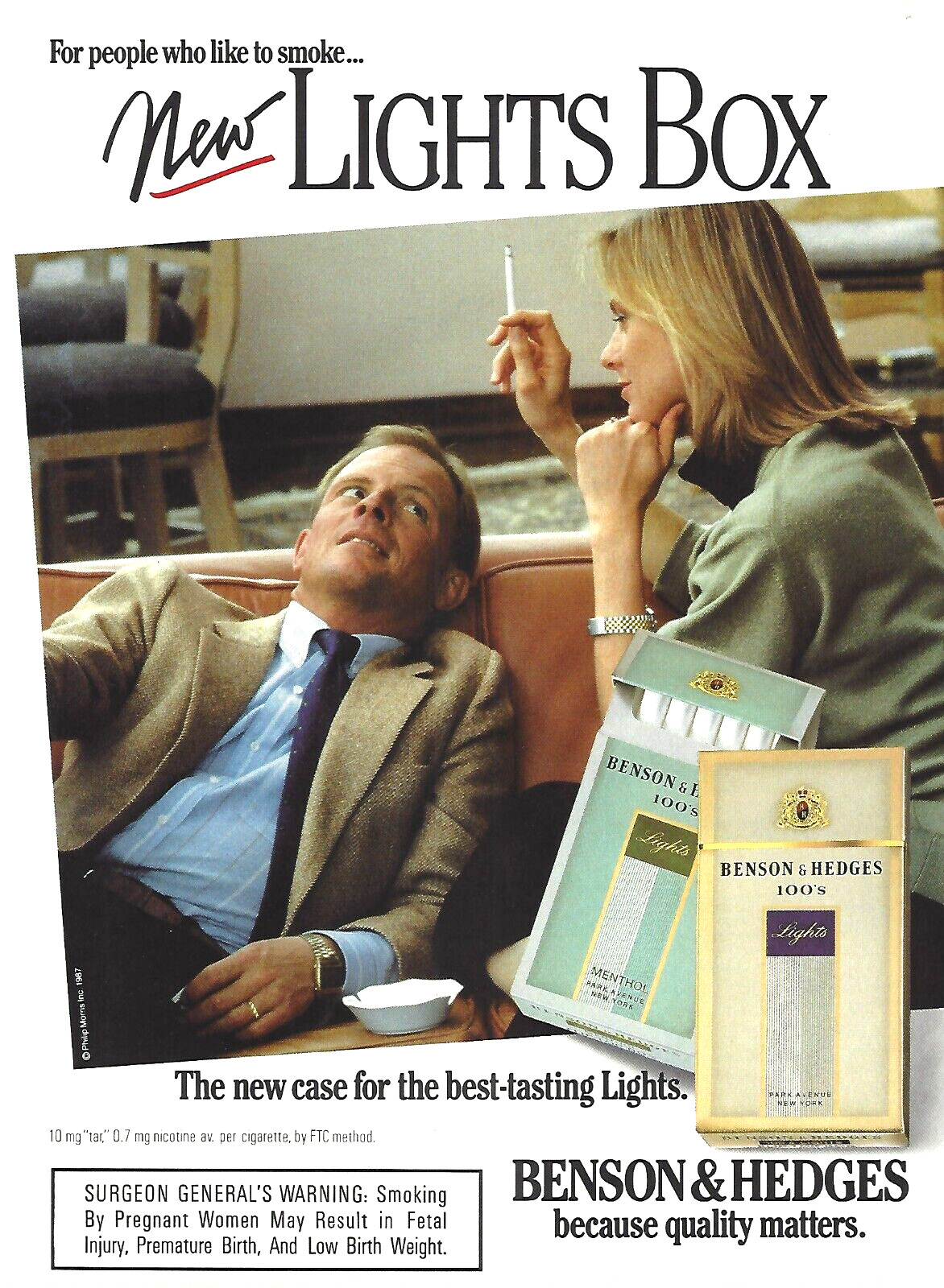 1988 Benson & Hedges Cigarettes Lights Man Woman Smoking vintage Print AD