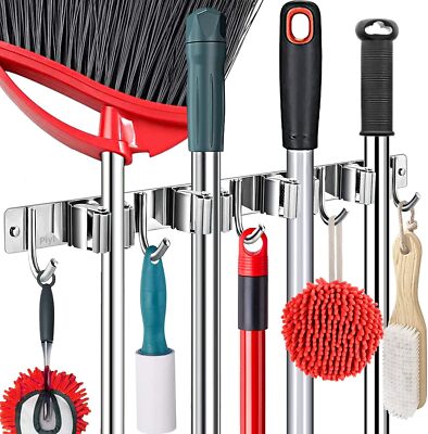Metal Broom Mop Holder Wall Mount Slidable Stainless Steel Wall Organizer Garage
