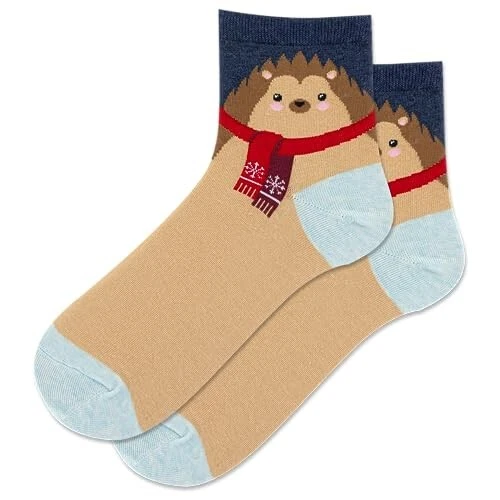 NUEVO ~ Hot Sox ~ Par individual de calcetines al tobillo para mujer "Erizo de invierno" ~ Tostado 9-11 Foto 3 de 3