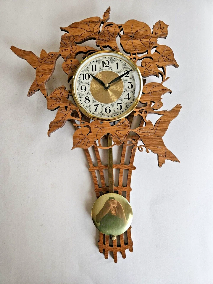 Hummingbird Scroll Wall Clock Wooden Tested - Image 2 of 4