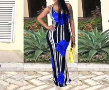 Women Floral Printed Bodycon Striped Sleeveless Party Beach Boho Maxi Dress #P2