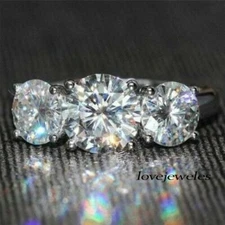 3CT Round Cut Real Moissanite Three-Stone Engagement Wedding 925 Silver Ring