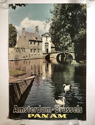 RARE vintage 1968 original PAN AM Amsterdam   Brussels TRAVEL POSTER airlines
