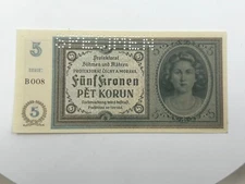 1940 BOHEMIA & MORAVIA GERMAN OCCUPATION WWII 5 KORUN SPECIMEN UNC