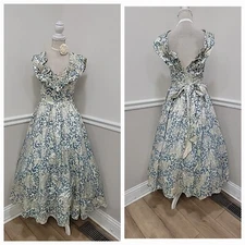 1980s Gunne Sax blue silver floral Jacquard Satin wedding gown princess Dress 