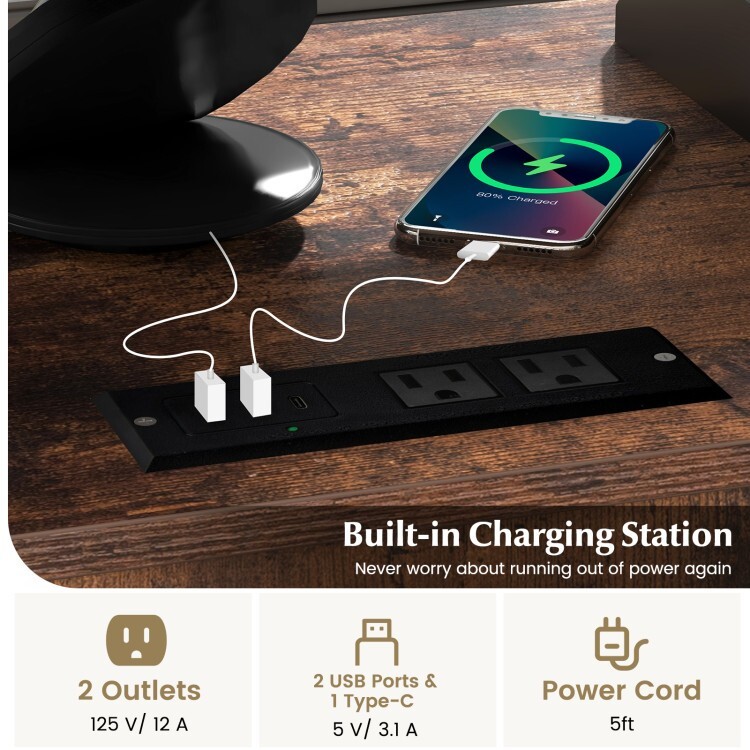 Mobile Storage Filing Cabinet on Wheels w/Charging Station Cable Management Hole
