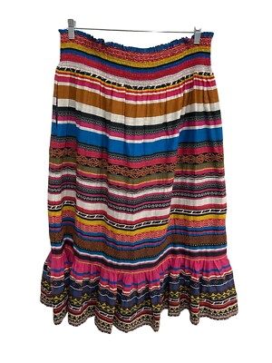 Anthropologie XL Womens Striped Colorful Cotton Midi Skirt With Ruffled Hem NWT
