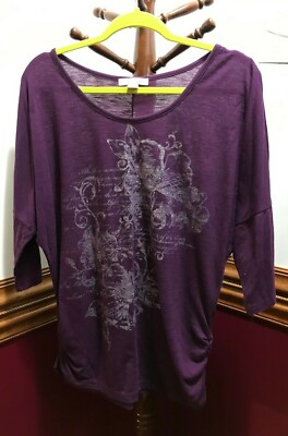 LENA Women Shirt Size Large Purple Silver Top Blouse Tee Stretch Web Sleeve