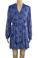 ZARA NWT Blue Geometric Floral Chiffon Belted V Neck Long Sleeve Mini Dress M