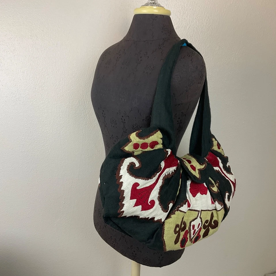 Moyna Embroidered Hobo Shoulder Bag Purse Black Red Green Gauzy Boho Hippie - Image 3 of 4