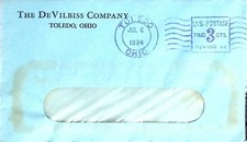 1934 DeVilbiss Company Toledo Ohio Advertising Envelope Blue Window Cover
