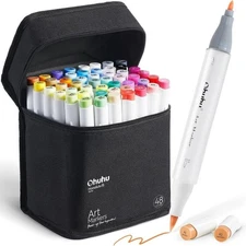 Ohuhu 48 Colors Alcohol Brush Markers + 1  Alcohol Marker Blender, Brush & Fine
