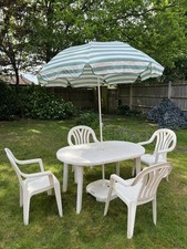 Garden furniture set, 4 chairs, table, parasol with stand, cushions, tablecloth