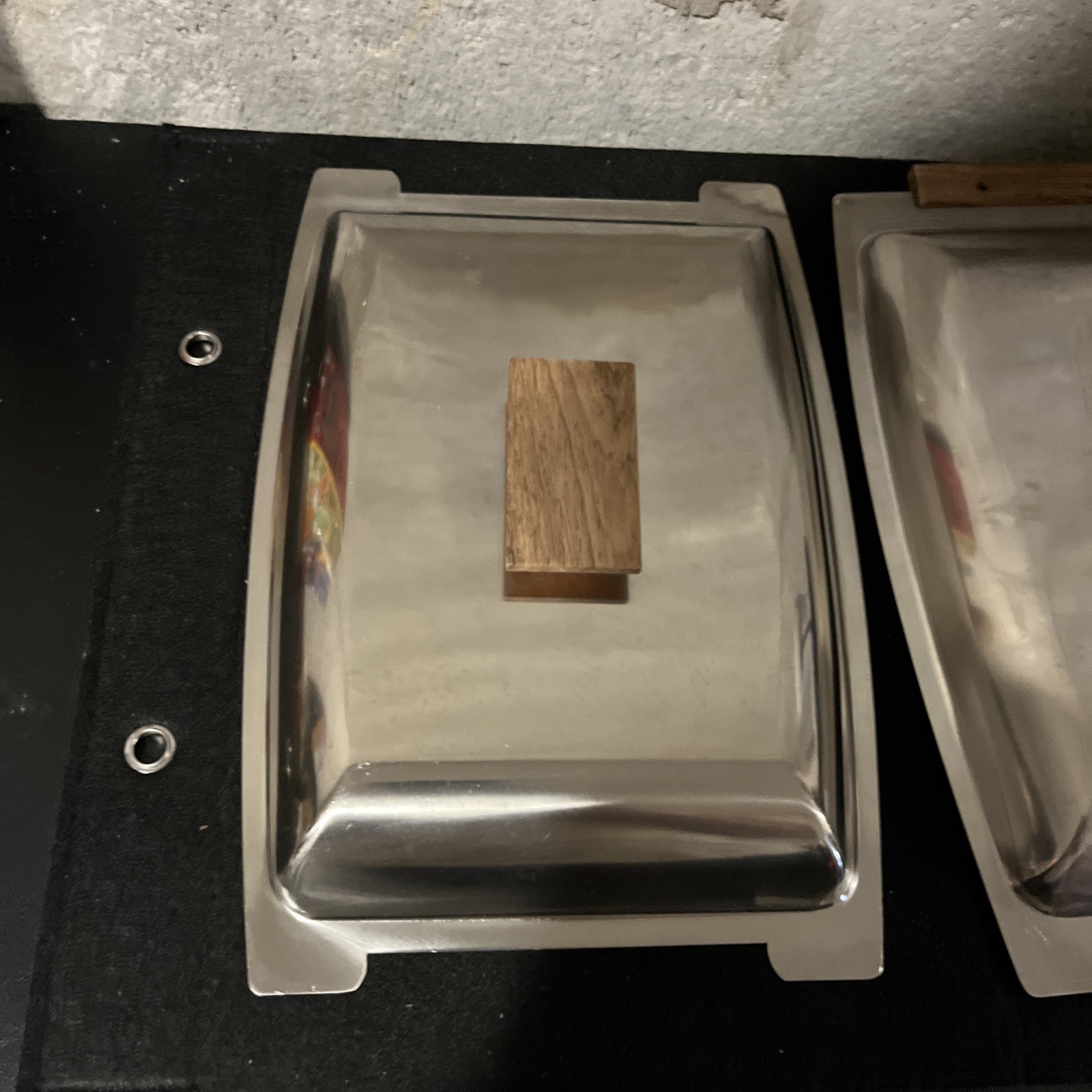 MCM Vtg Kalmar Stainless Steel & Teak Wood Serving Trays + Lid - 3 Piece Set