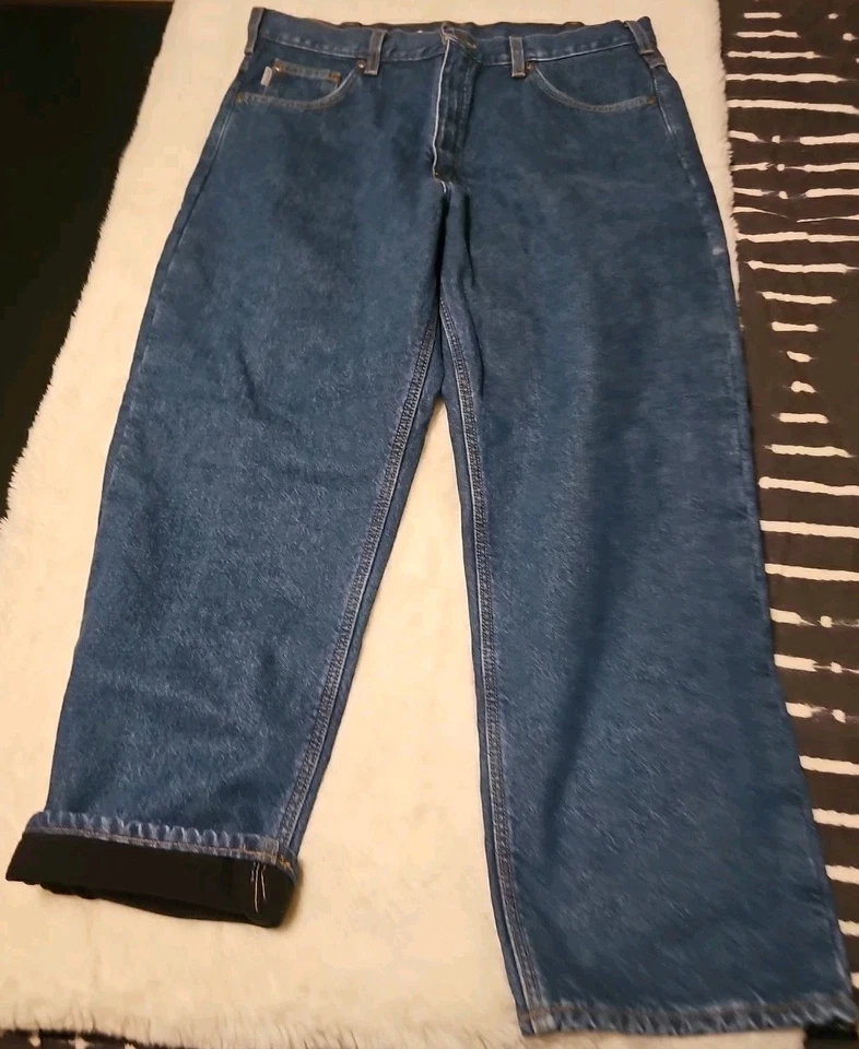 CARHARTT FLANNEL LINED Mens Jeans 39x30 Regular Fit Straight Med Wash Blue Denim - Image 2 of 4