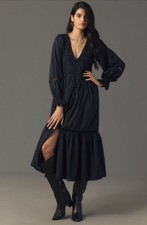 Anthropologie Midi Dress Women Black Peregrine Long Sleeve Preppy Boho Large NWT