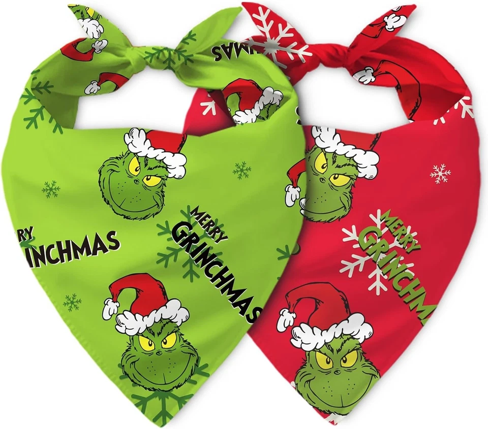 4PCS Funny Grinch Christmas Dog Bandanas Adjustable Double-Sided Scarf M&L Dogs - Image 2 of 4