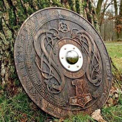 24 Zoll schwere handgefertigte Replik Mittelalter Wikinger Stahl rund Holz Schild Optik