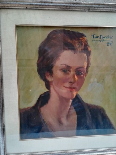 OIL PAINTING ON CANVAS PORTRAIT WOMAN SIGNED TOM NOVELLI '71 WOOD FRAME PAINTING - Picture 4 of 9