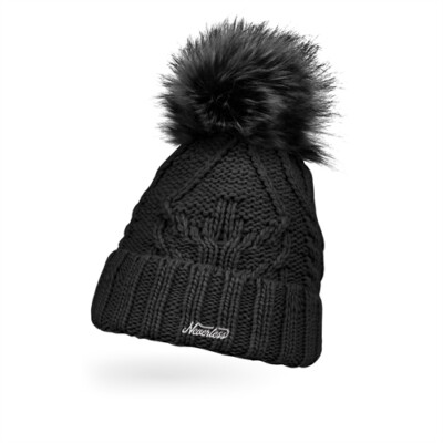 Ladies Knitted Hat Lined Turn Up Fleece Lined Fur Pom Pom Faux Fur