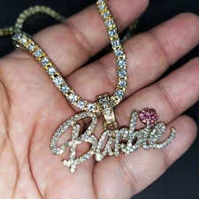 Women Barbie Iced Bling Pendant & 1 Row Cubic Zirconia Tennis Chain Necklace (S)