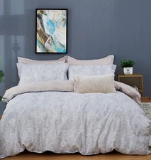 Taupe Paisley Print Cotton Bedding Set:1 Duvet Cover & 2 Pillow Shams  All Sizes