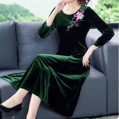 Ladies Velvet Dress Long Sleeve Embroidery Midi Dresses A Line Pleated Party