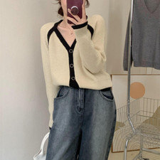 Women's Fashion Trend Short Vneck Knitted Cardigan Loose Casual Sweater Coat Top