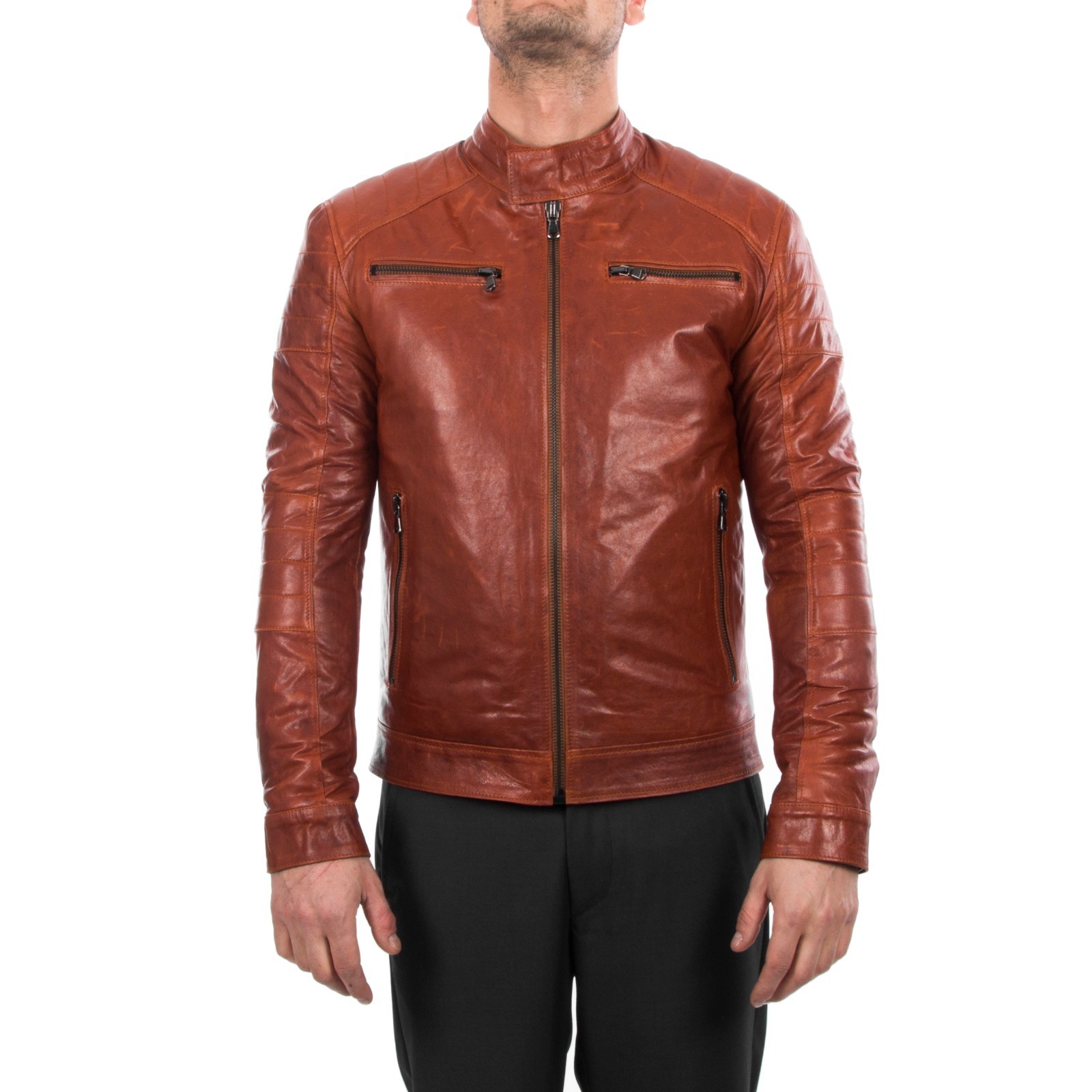 ITALIAN HANDMADE MEN GENUINE LAMB LEATHER JACKET SLIM FIT COGNAC BROWN ANTIQUED