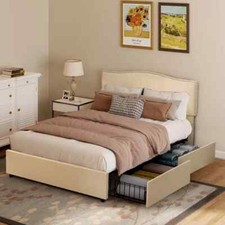 Full Queen Size Upholstered Bed Frame with Adjustable Headboard and 4 Drawers