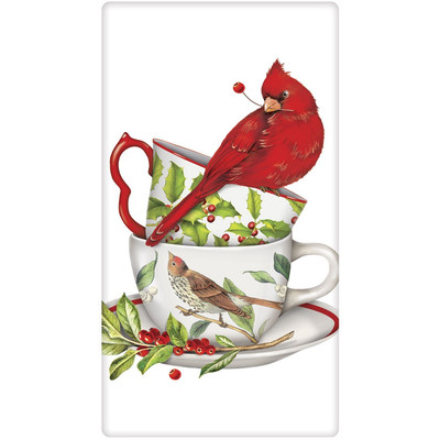 Mary Lake Thompson Flour Sack Towel Christmas Teacups With Cardinal Berries Ebay