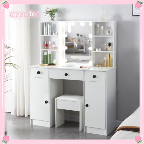 Dressing Table Set Vanity Makeup Desk with Mirror and Stool 3 Color LED Lights
