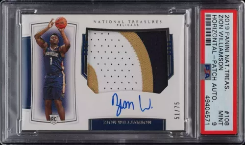 2019 NATIONAL TREASURES ZION WILLIAMSON ROOKIE RC PATCH AUTO /75 #108 PSA 9 MINT