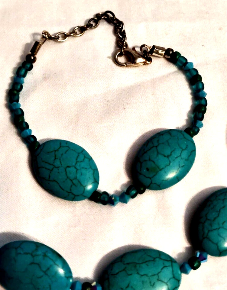 Brincos de pulseira de colar de contas turquesa falsa cristal parure e espaçadores de vidro - Imagem 4 de 4