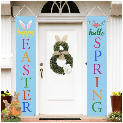 Happy Easter Porch Sign Decor, Easter Door Hanging Banner, Hello Spring Porch