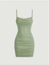 Green MOD Ruched Mesh Cami Bodycon Dress Sz XS S M L