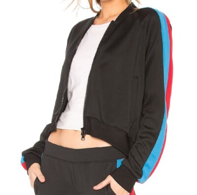 PAM GELA Women's Black Crop Track Stripe Jacket #55131698 NWT