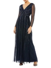Mac Duggal Women's Blue Midnight Sequined & Beaded A-Line Gown Dress Size 4 $598