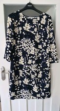 Boden Blue Black White Abstract Leaf Print Shift Dress 3/4 Sleeve 12 Long