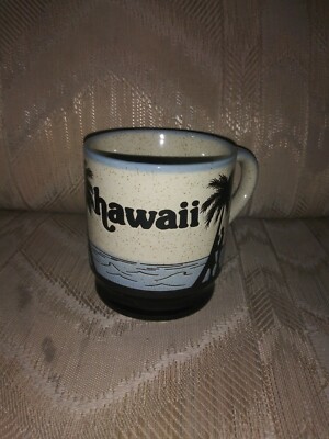 Hawaii Coffee Mug Palm Trees Ocean Beach Blue 3 3/4'' Tall
