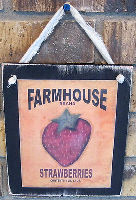 Fresh Strawberries Hanging Wall Sign Plaque Primitive Rustic Farmhouse Decor