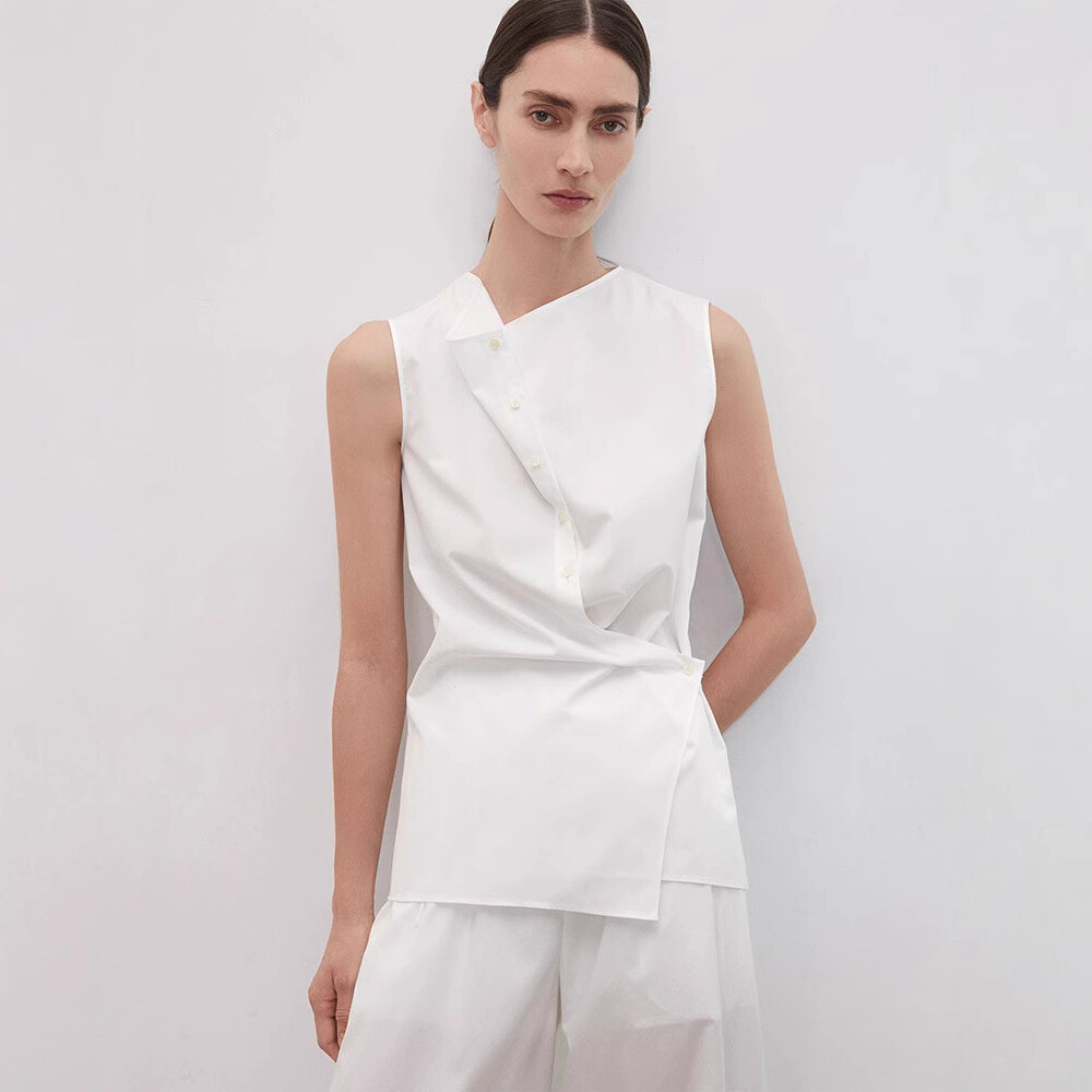 FILA Camicia smanicata donna THE ROW linea estiva colletto drappeggiato fibbia plissettata avvolgente