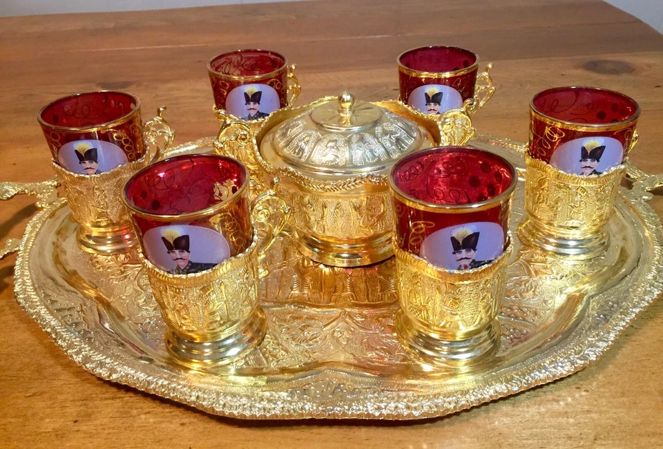Juego de té turco de latón dorado arándano Glcoloc vidrio Kemal Atatürk bandeja plato de azúcar Foto 2 de 4