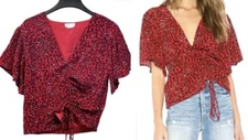 Lovers + Friends Valentina Top Small Red Animal Print Cinch Front Flutter S/S
