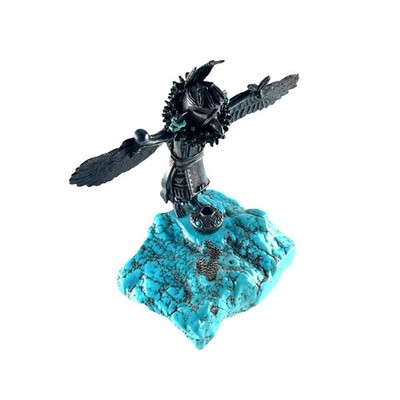 Fine Silver Kachina Sculpture by Carol Sues Hopi w/ Large Turquoise Base