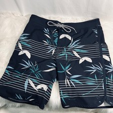 Hang Ten Mens Navy Blue Tropical Palm Stripe Board Shorts Swim Trunks Size 32