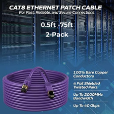2-Pack CAT8 Ethernet Patch Cable Copper 26AWG SFTP RJ-45 0.5-75FT Purple Lot
